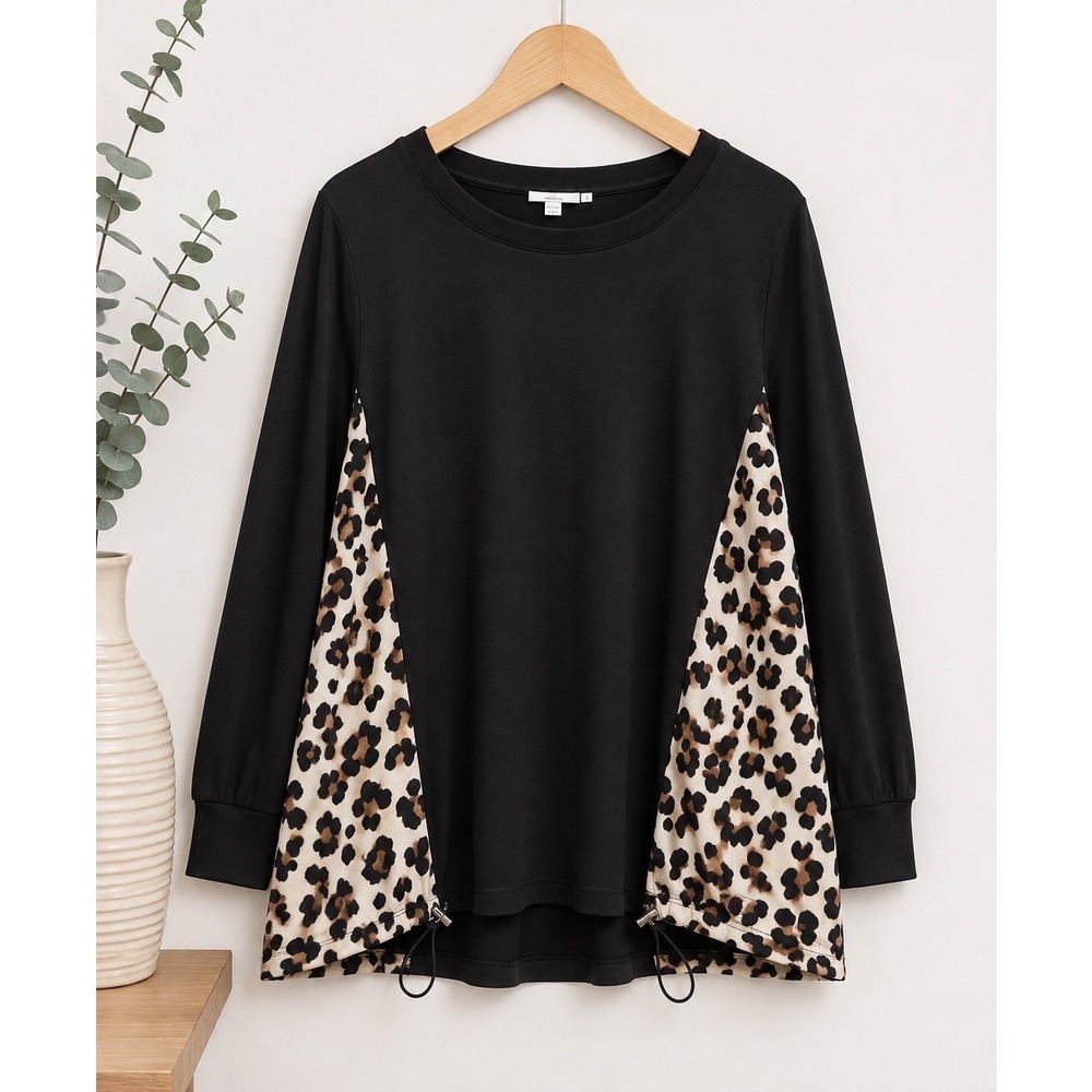 Chicos Black Leopard Print Contrast Panel Bungee Hem Sweatshirt Top Size 3 XL